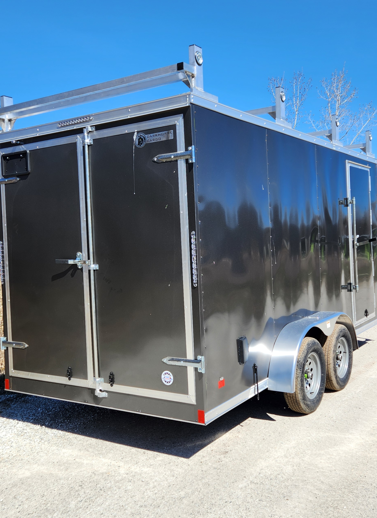 DarkHorse 7X16 Wedge Nose Tandem Axle Steel Contractor Cargo Trailer with Double Rear Doors, 12" Extra Height - 2500 Series - Charcoal